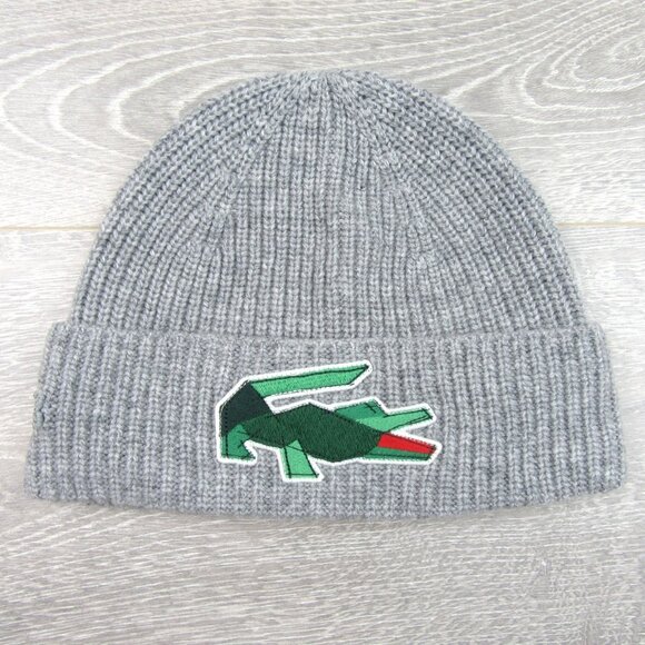 Lacoste Crocodile Big Patch Grey Wool Beanie Cap One Size NEW - Picture 4 of 13